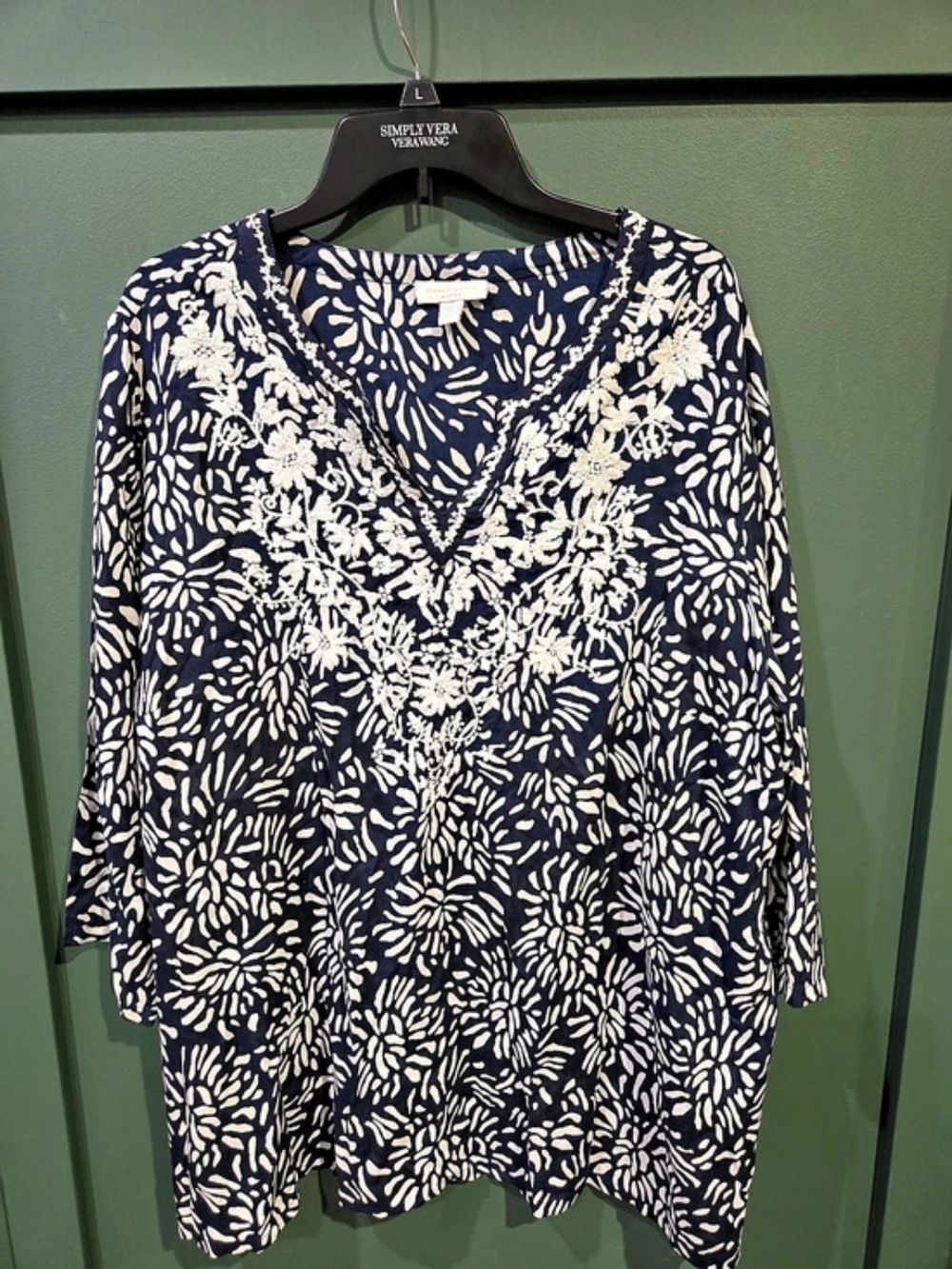 Charter Club Floral Embroidered Tunic in Navy Blue & Cream Size 2XL
